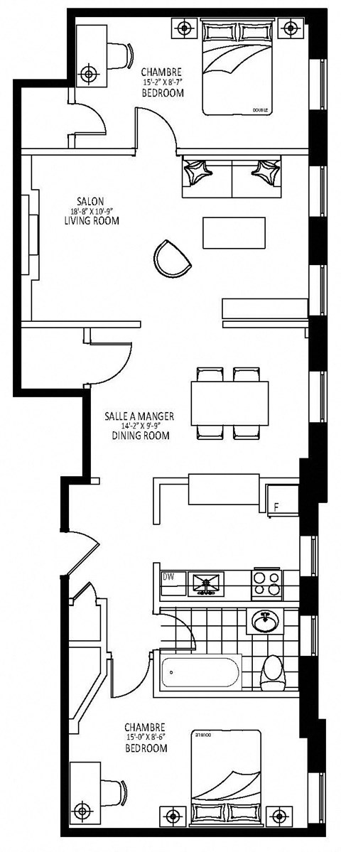 Floor plan for 2 beds, 1 bath, 950 sqft